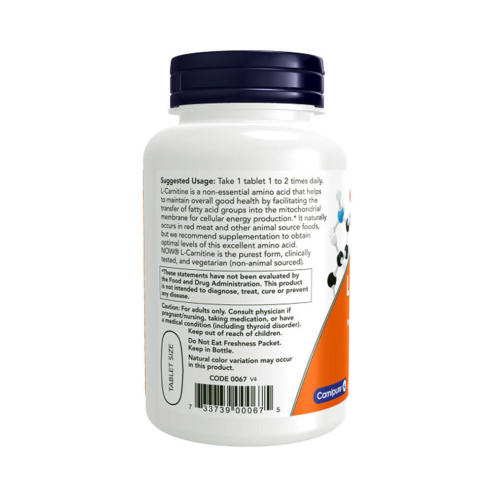 NOW Supplements, L-Carnitine 1,000 mg, Purest Form, Amino Acid, Fitness Support*, 50 Tablets - Bloom Concept