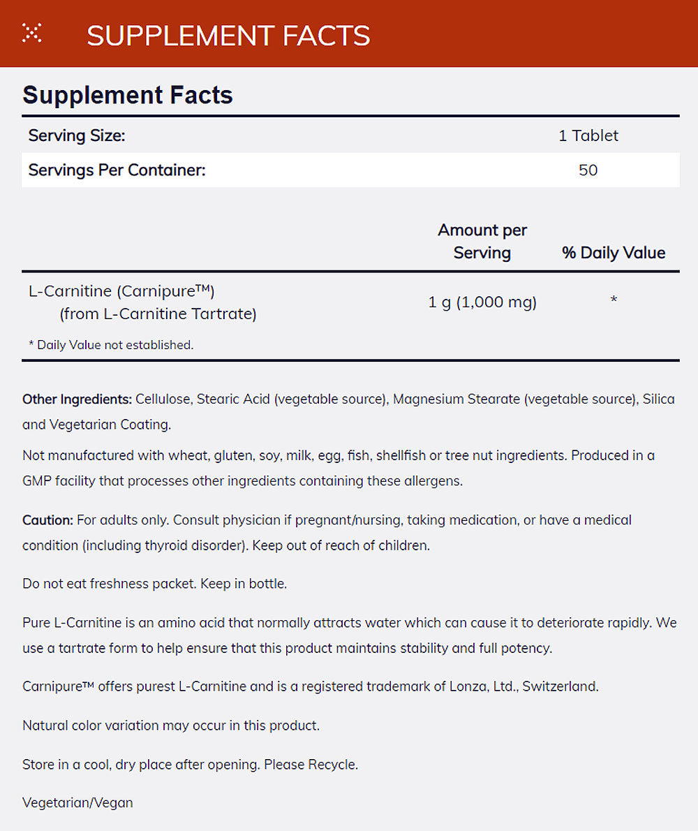 NOW Supplements, L-Carnitine 1,000 mg, Purest Form, Amino Acid, Fitness Support*, 50 Tablets - Bloom Concept