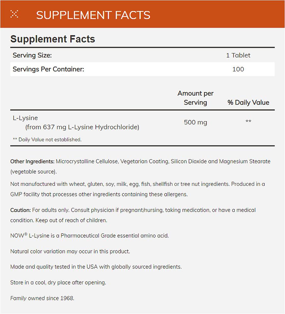 NOW FOODS Supplements, L-Lysine (L-Lysine Hydrochloride) 500 mg, Amino Acid, 100 Tablets - Bloom Concept