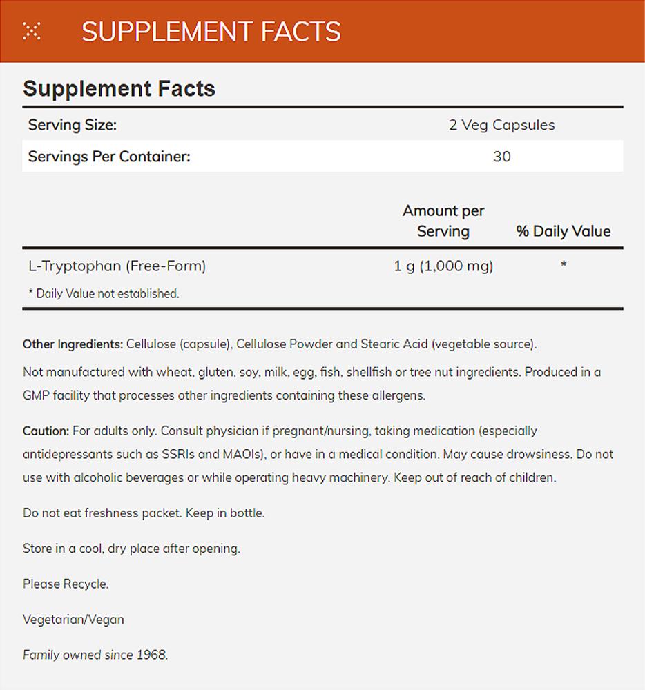 NOW Supplements, L-Tryptophan 500 mg, Encourages Positive Mood*, Supports Relaxation*, 60 Veg Capsules - Bloom Concept