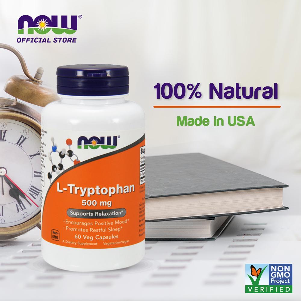 NOW Supplements, L-Tryptophan 500 mg, Encourages Positive Mood*, Supports Relaxation*, 60 Veg Capsules - Bloom Concept