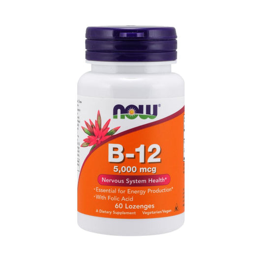 NOW FOODS Supplements, Vitamin B-12 5,000 mcg, With Folic Acid, Nervous System Health*, 60 Lozenges - Bloom Concept