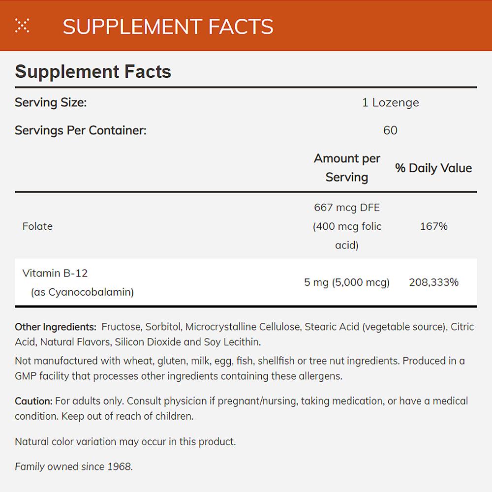 NOW FOODS Supplements, Vitamin B-12 5,000 mcg, With Folic Acid, Nervous System Health*, 60 Lozenges - Bloom Concept