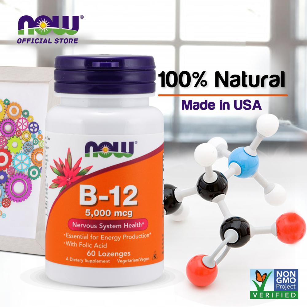 NOW FOODS Supplements, Vitamin B-12 5,000 mcg, With Folic Acid, Nervous System Health*, 60 Lozenges - Bloom Concept