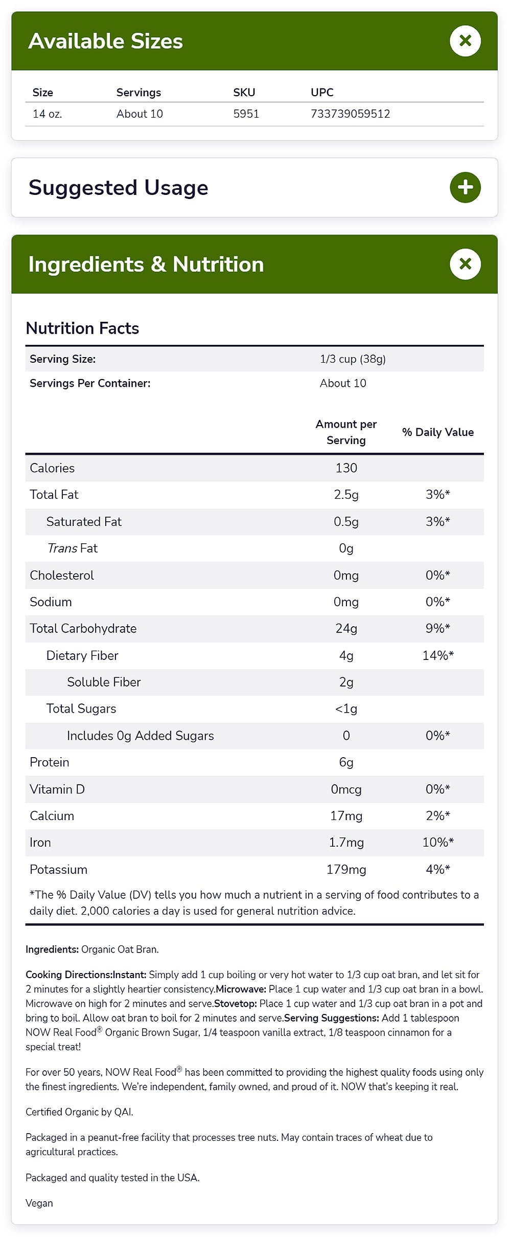 NOW Foods, Organic Oats Bran, Source of Fiber and Protein, USA Grown, Non-GMO Project Verified, 14-Ounce (397 g) - Bloom Concept