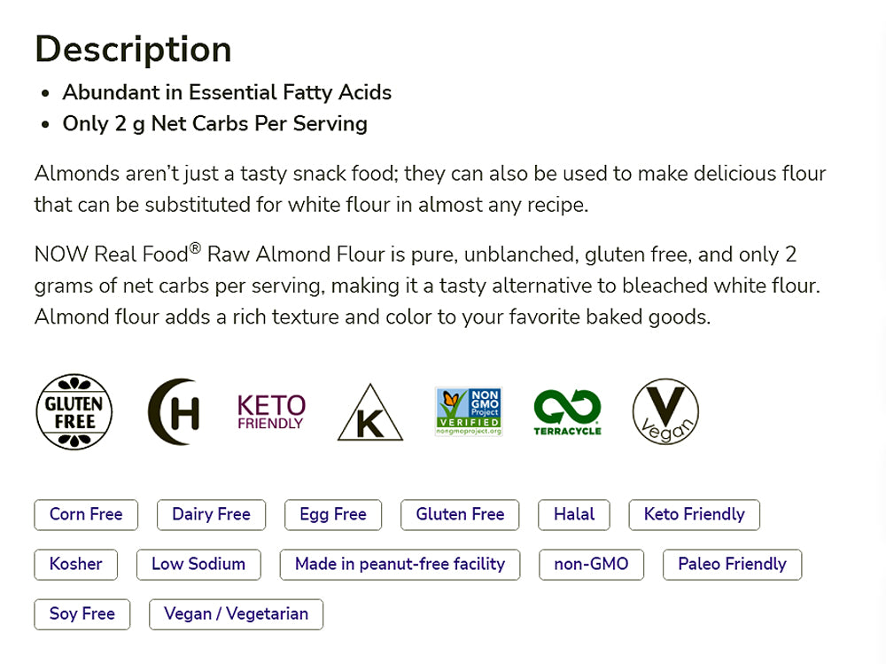 NOW Foods, Almond Flour with Essential Fatty Acids, 5 g Carbs per Serving, 10-Ounce (284 g) - Bloom Concept