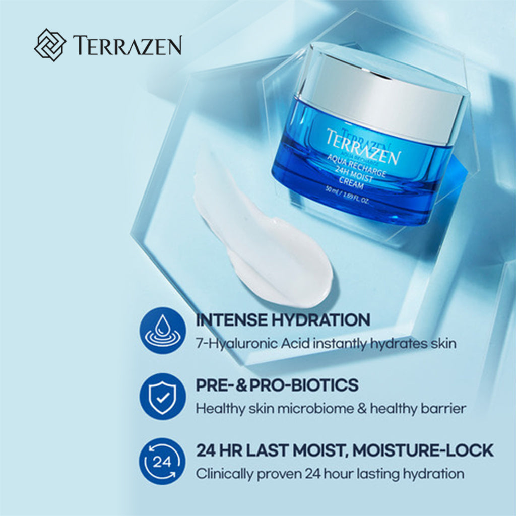 TERRAZEN AQUA RECHARGE 24H MOIST CREAM 24Hr lasting hydration - Dual Biotics, Hyaluronic Acids for ultimate hydration and nourishment 15ml/50ml - Bloom Concept