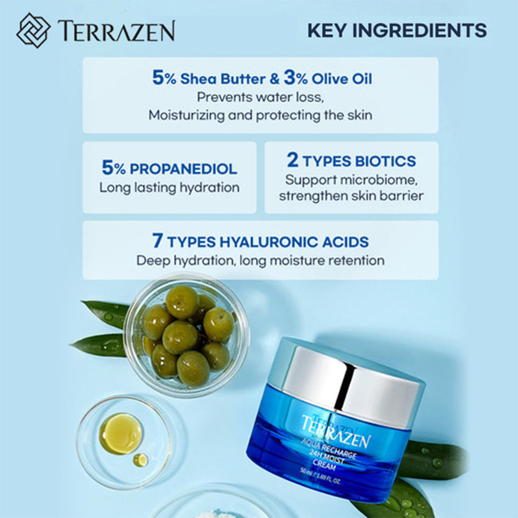 TERRAZEN AQUA RECHARGE 24H MOIST CREAM 24Hr lasting hydration - Dual Biotics, Hyaluronic Acids for ultimate hydration and nourishment 15ml/50ml - Bloom Concept